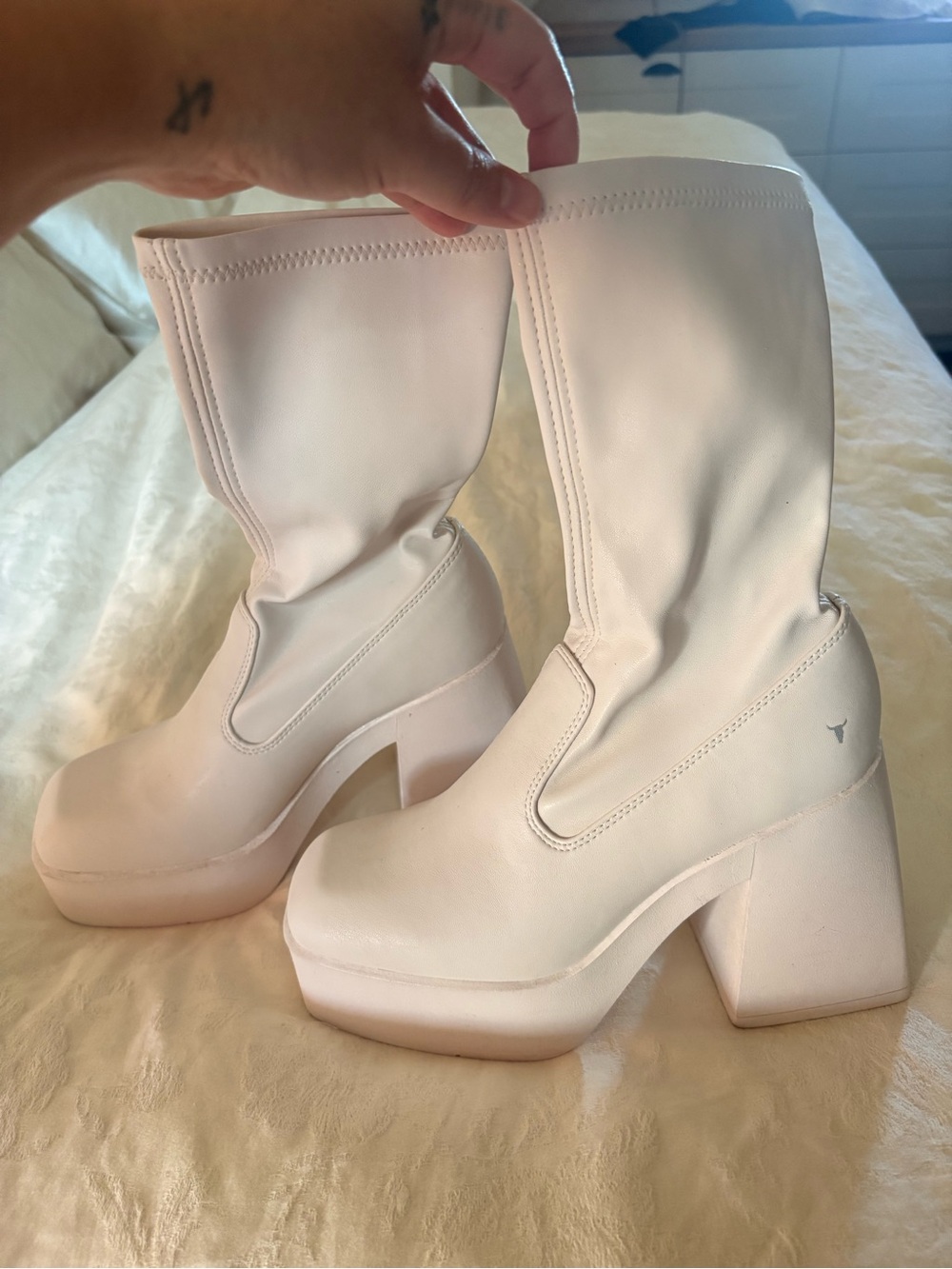 Princess Polly Cream Platform Mid-Calf Boots